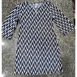 Tacera Navy Blue Ivory Zig Zag Sheath Dress 3/4 Sleeves Women's Size PM